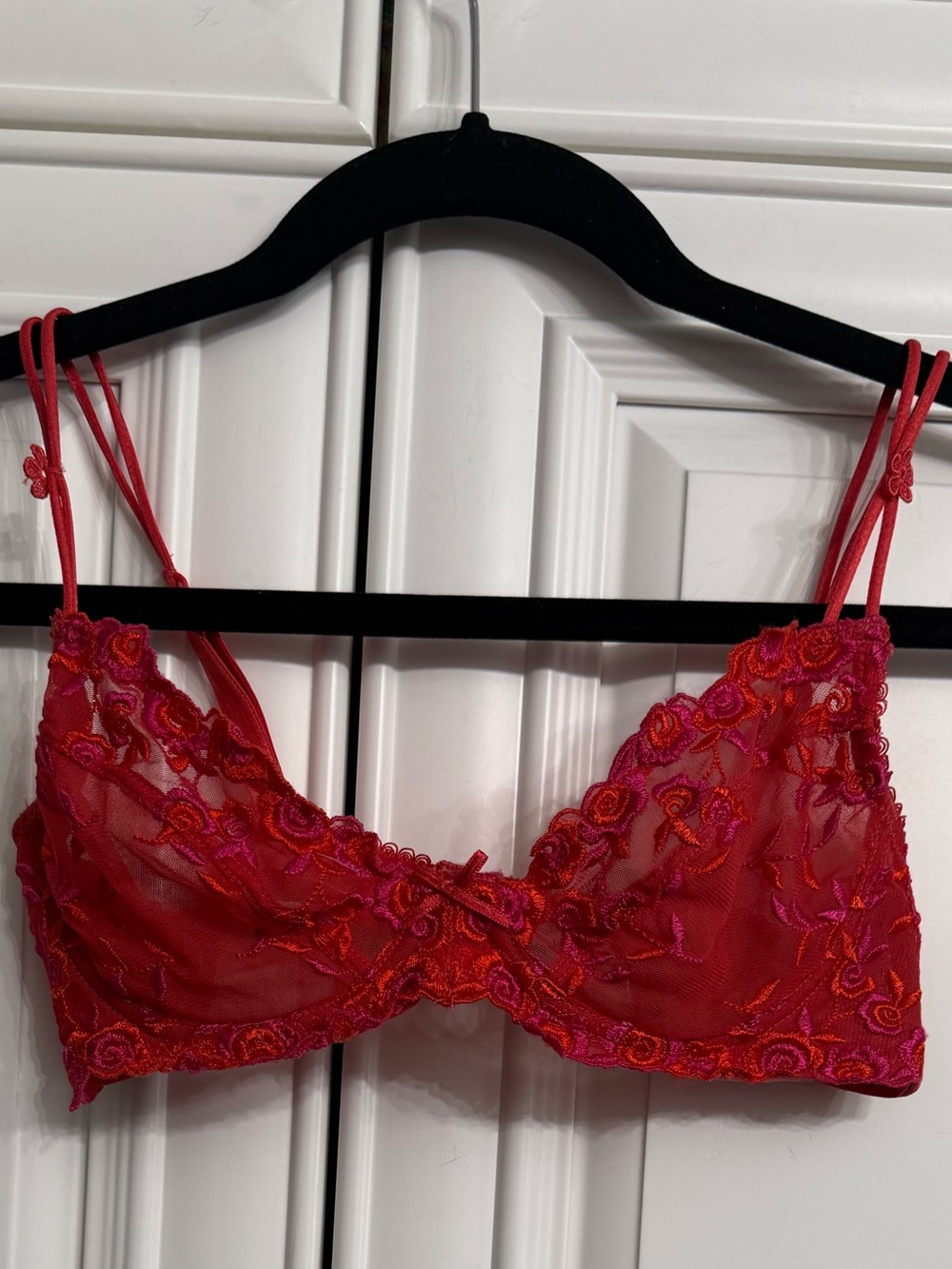 Roselle Size 34B Sheer Tomato Red Embroidered Lace Underwire Bralette Unlined